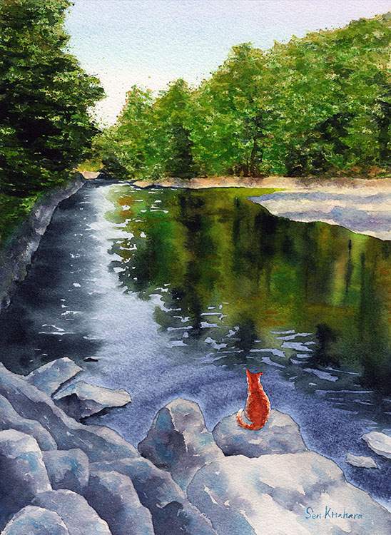 Watercolor painting. There is a river, the surface of which reflects a forest of green and dark colors. In the foreground, a cat sits on a rock and watches the river. 水彩画。川があり、その水面には森の緑や暗い影が映り込んでいる。手間には猫が座って川を眺めている。