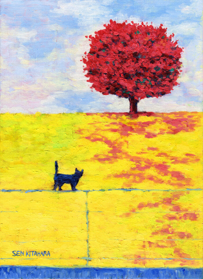 "Red Flower Tree and Cat" 赤い花の木と猫 33.3 x 24.2 cm 2021