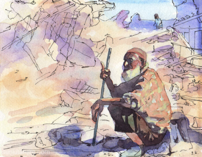 Watercolour painting of Gaza, ガザを描いた水彩画