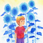 watercolor on paper 16 59⁄64 x 14 61⁄64 in (43 x 38 cm) 2018 Sen Kitahara Blue Sun Flowers | 青いひまわり