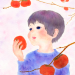 It is sweet fruit of autumn. 
You bite it and look far away.
What can you see from there. 
柿をかじって見つめる瞳
その先にあるものは
2019 Sen Kitahara 北原 千 Feeling Autumn | 秋を感じる